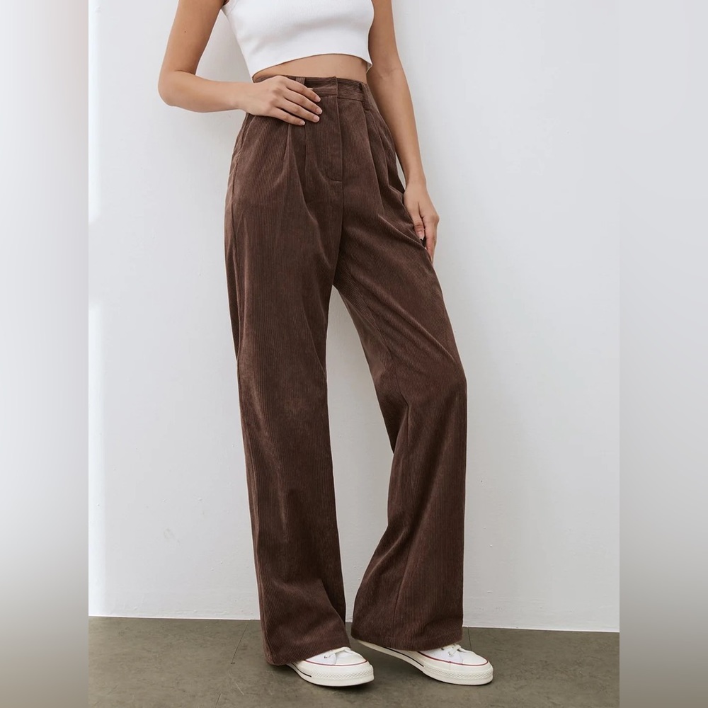 Wide Leg Front Pleat Corduroy Trousers Brown